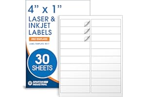 4" X 1" Matte White Printable Labels Compatible with Inkjet and Laser Printers - 30 Sheets, 600 Total Paper Stickers for Addr