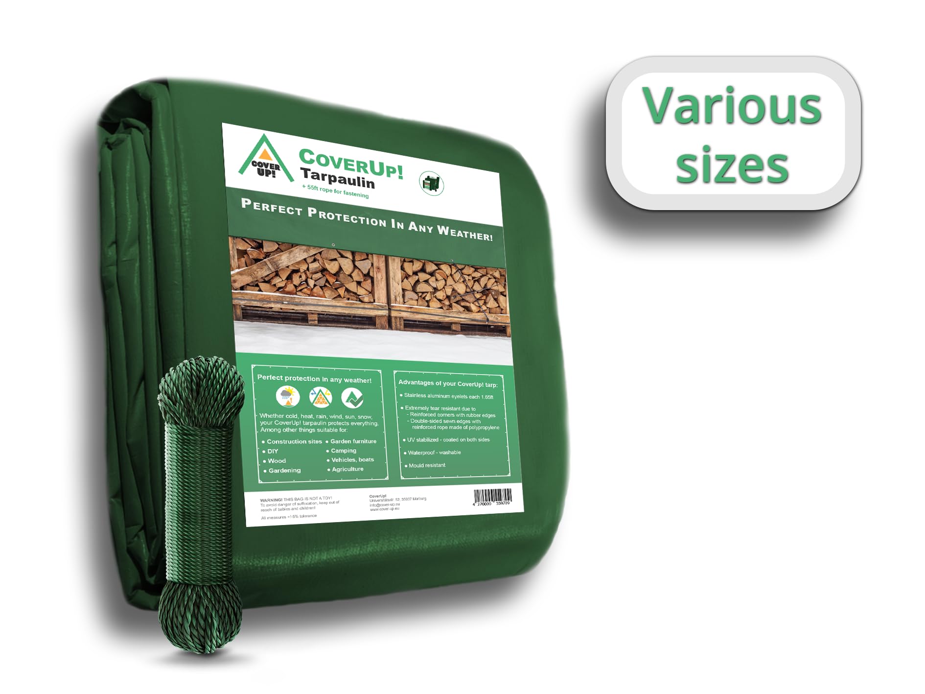 CoverUp! Tarpaulin 6 x 8 m - Green, 120g/m² - Tarpaulin Waterproof Heavy Duty - Cover for garden, furniture, pool, boat, outdoor, camping or as a ground sheet - Large tarpaulin sheet with 30 m rope