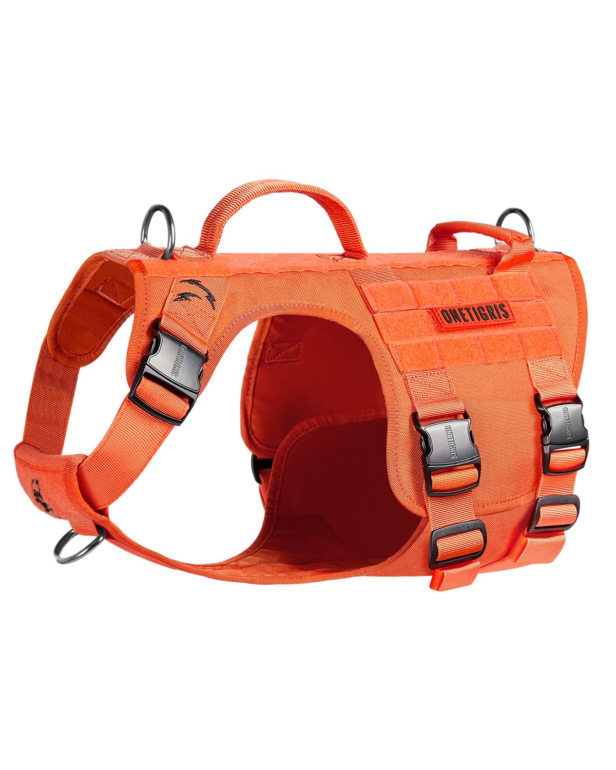 OneTigris Large Tactical Dog Harness, No Pulling Adjustable Dog Vest Harness, Heavy Duty Dog Harness with Handle, Large Hook and Loop Panels for Patch Black (Orange, M)