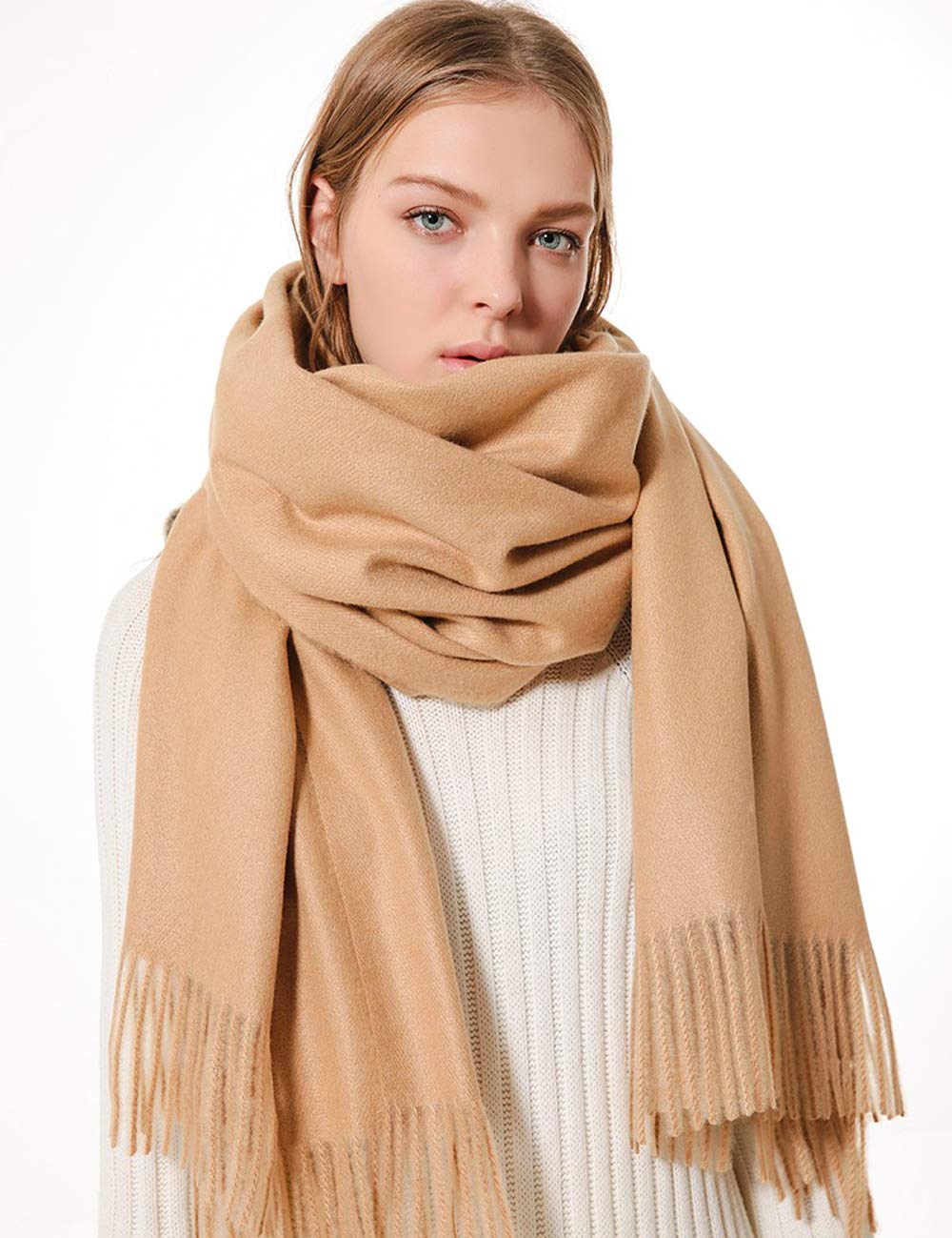 Solid Color Cashmere Scarf for Women Soft Pashmina Wraps Shawls with Fringe for Winter (Camel)