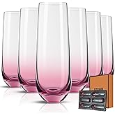 GLAZVIA Stemless Champagne Flutes Glasses Set of 6-10oz Elegant Pink Champagne Glass, Unique Pink Flute Gift for Wedding, Anniversaries, Parties, Birthday, Restaurant, Home Bar