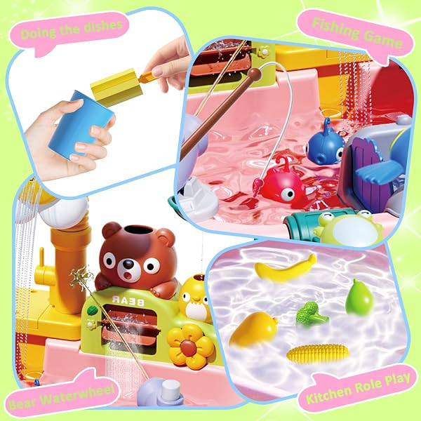 WATER TABLE FOR TODDLERS 1-3, WATER TOYS FOR KIDS AGES 4-8, PLAY SINK WITH ELECTRIC PUMP KITCHEN PLAY FOOD FISHING GAME, SUMMER OUTDOOR TOYS SAND ACTIVITY SENSORY PLAYSET GIRLS BOYS, PINK