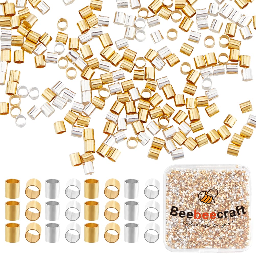 Beebeecraft 1 Box 5000Pcs Silver Crimping Beads Gold Tube Crimp Beads Bulk 2mm Brass Column Stoppers Crimp End Caps Loose for Earrings Bracelets Pendants Jewelry Making Crafts