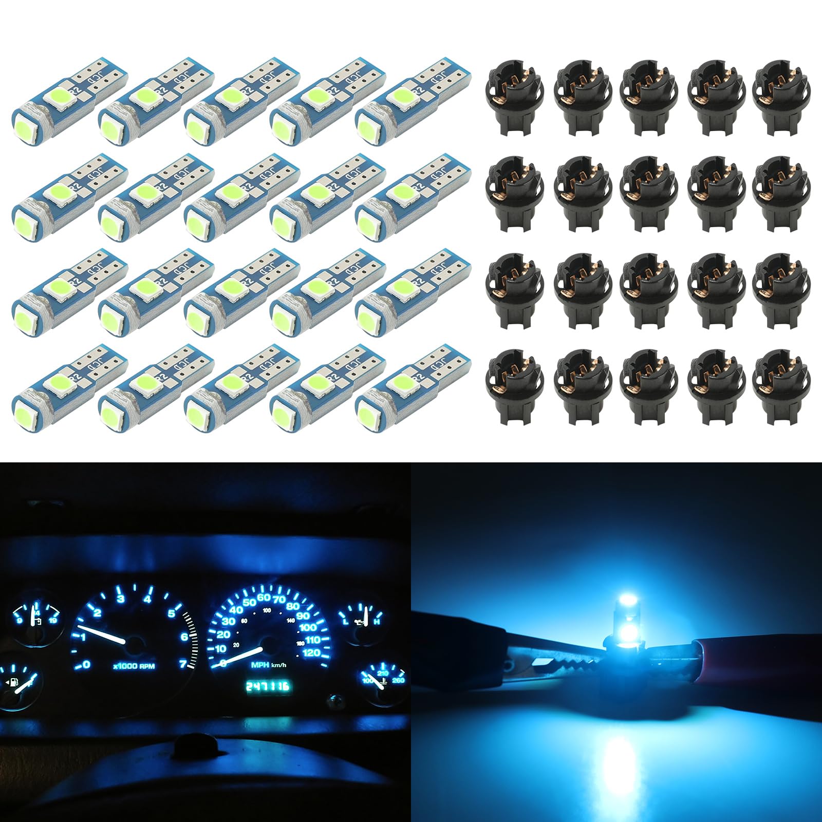 Photo 1 of Ice Blue T5 2721 37 70 286 Wedge PC74 PC37 74 Led Bulb Dash Lights with Twist Lock Socket for Instrument Panel Gauge Light Kits Cluster Shift Indicator Bulbs Pack of 20