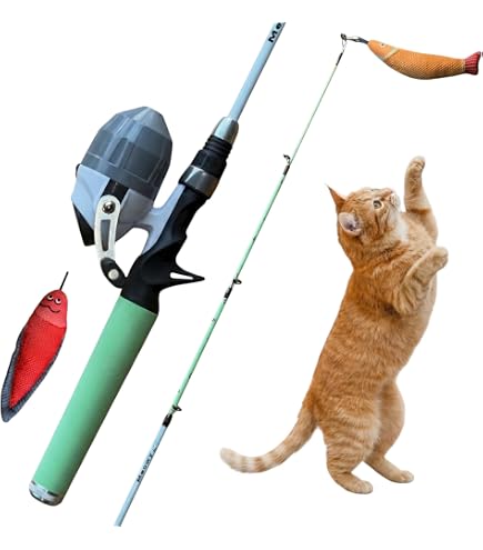 Meowy Cat Wand Toy – Cat Fishing Pole Toy with Reel The Cat Fish Fishing Rod, Telescopic Fiberglass Interactive Teaser Wand for Indoor Cats with Catnip Dental Mesh Attachments : Pet