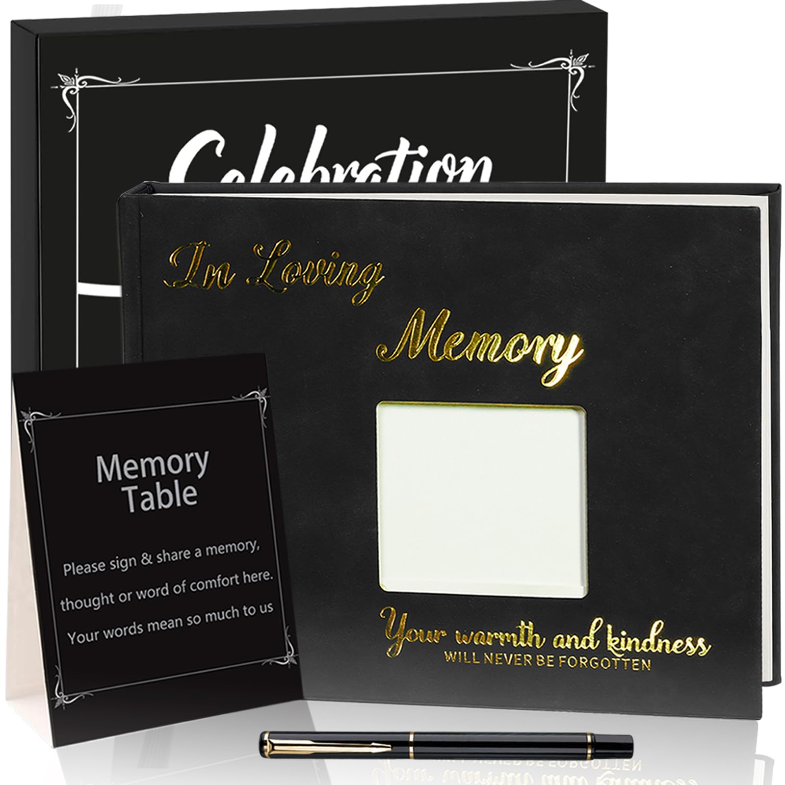 Photo 1 of Duoduobuy Funeral Guest Book for Memorial Service Celebration of Life Guest Book with Gold Foil Lined Pages Sign in Book for Funeral, 1 Box &1 Guest Book &1 Black Pen &1 Sign Card (Black)