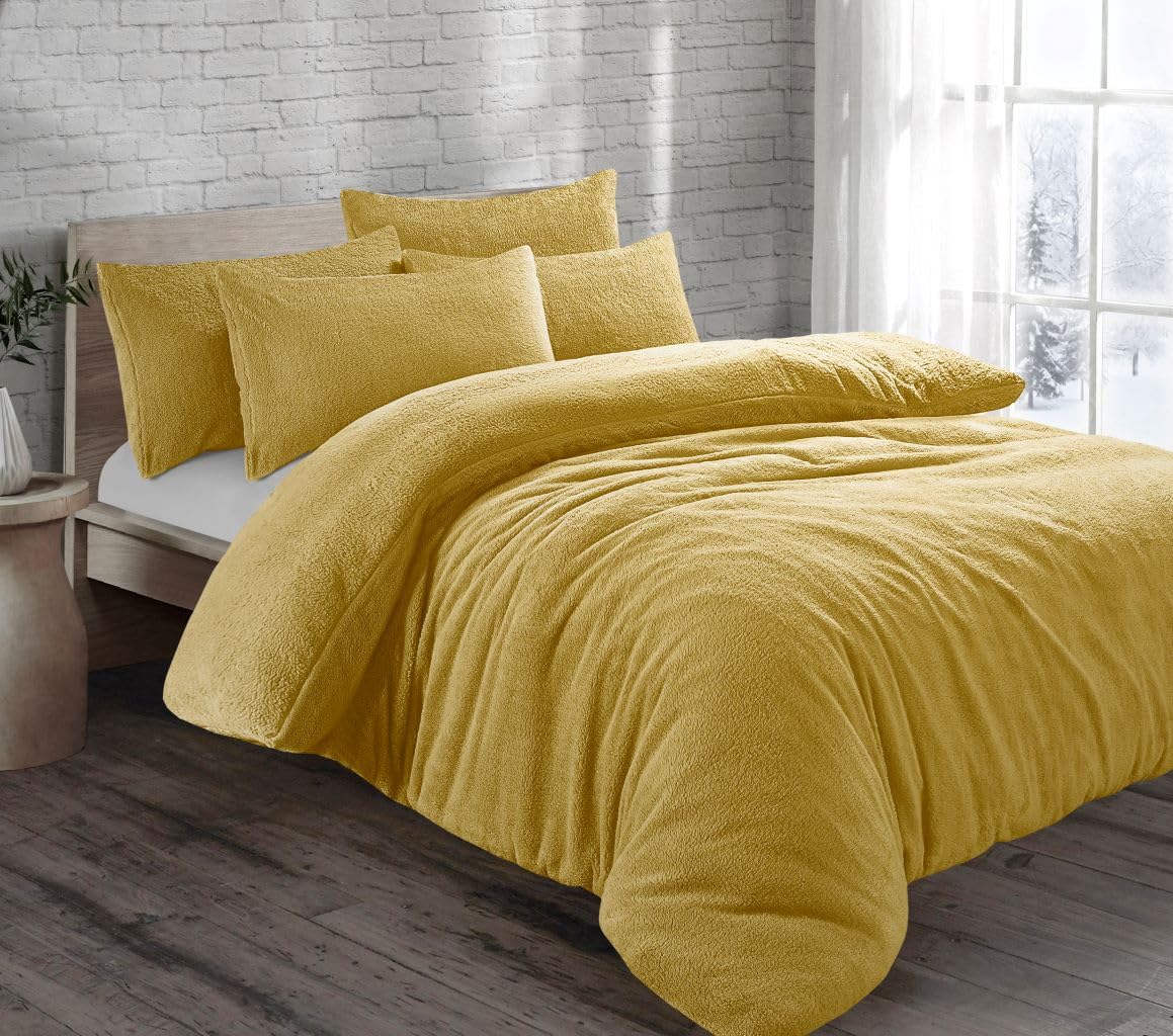 Teddy Fleece Duvet Cover with Pillow Case Plain Thermal Fluffy Warm Cosy Super Soft Bedding Set (King, Ochre)
