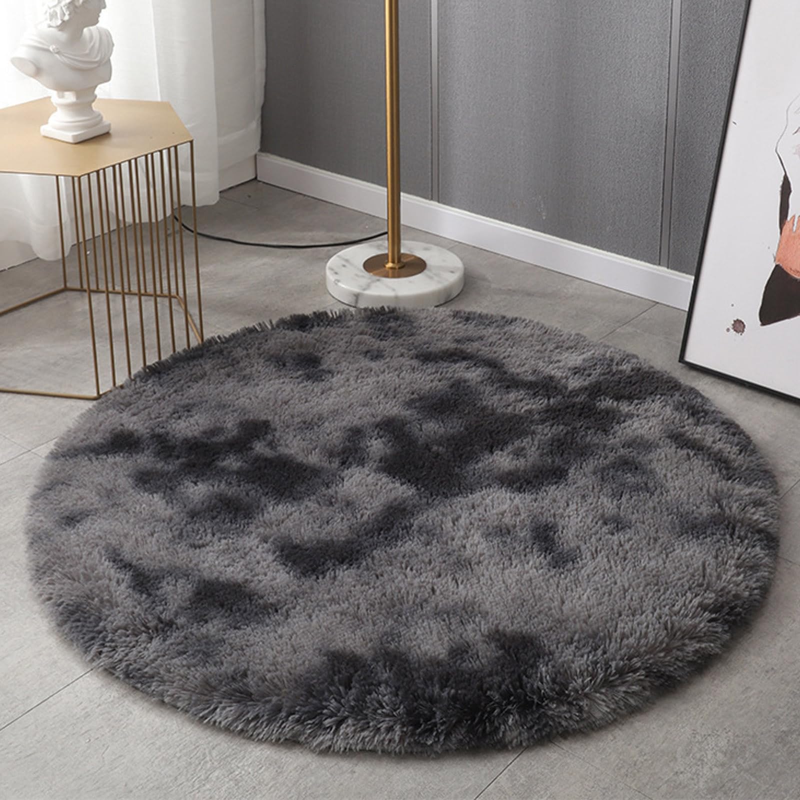HARESLE Round Rugs for Bedrooms Fluffy Living Room Circle Area Rug Soft Shaggy Carpet for Kids Room Floor Mat (Dark Grey,Diam 120cm/47.2in/3.93ft)
