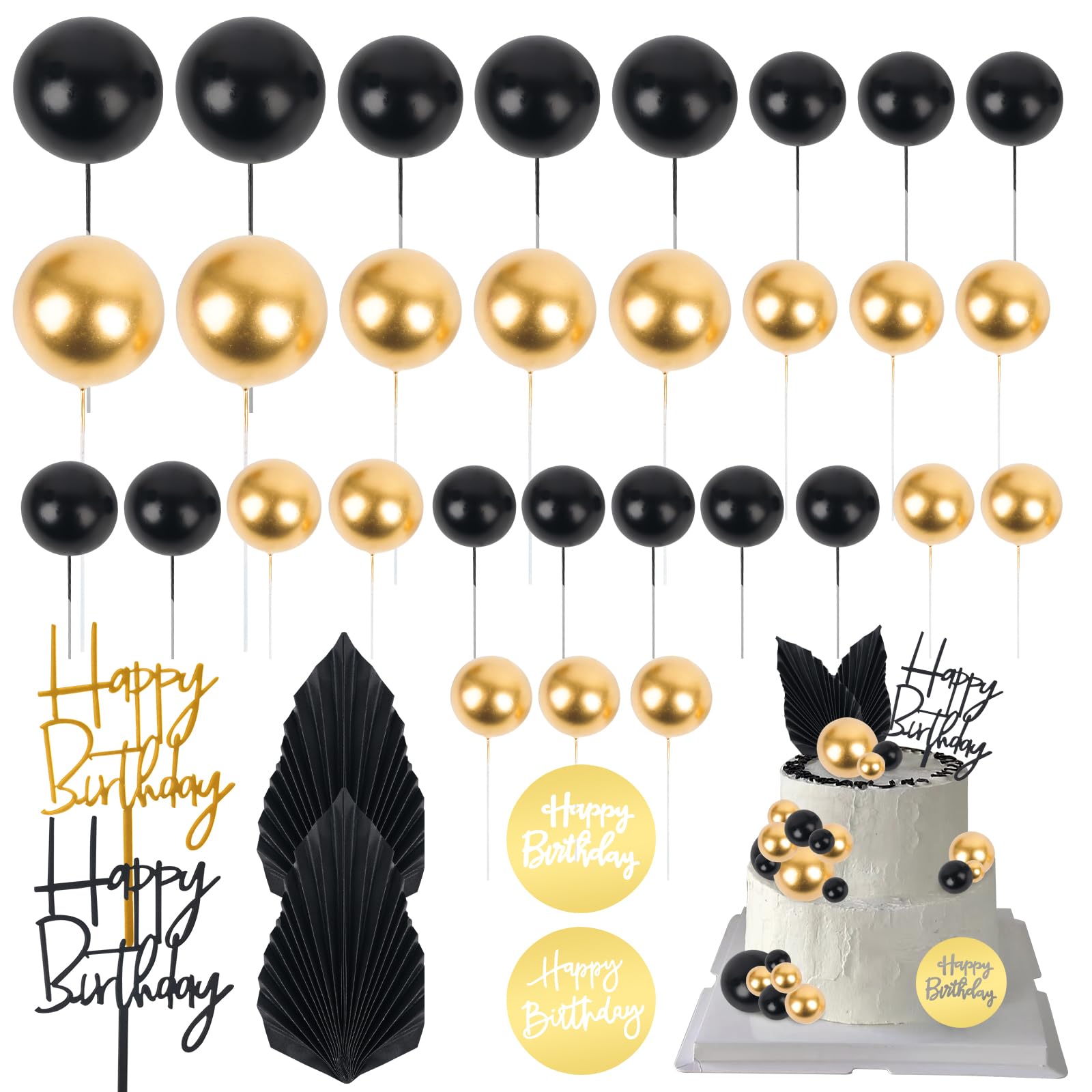 Photo 1 of 17 PCS Mini Ball Cake Topper Cupcake Insert Acrylic Cake Topper Cake Decorations for Black Boho Wedding Birthday Party Baby Shower Supplies (Black, Gold)