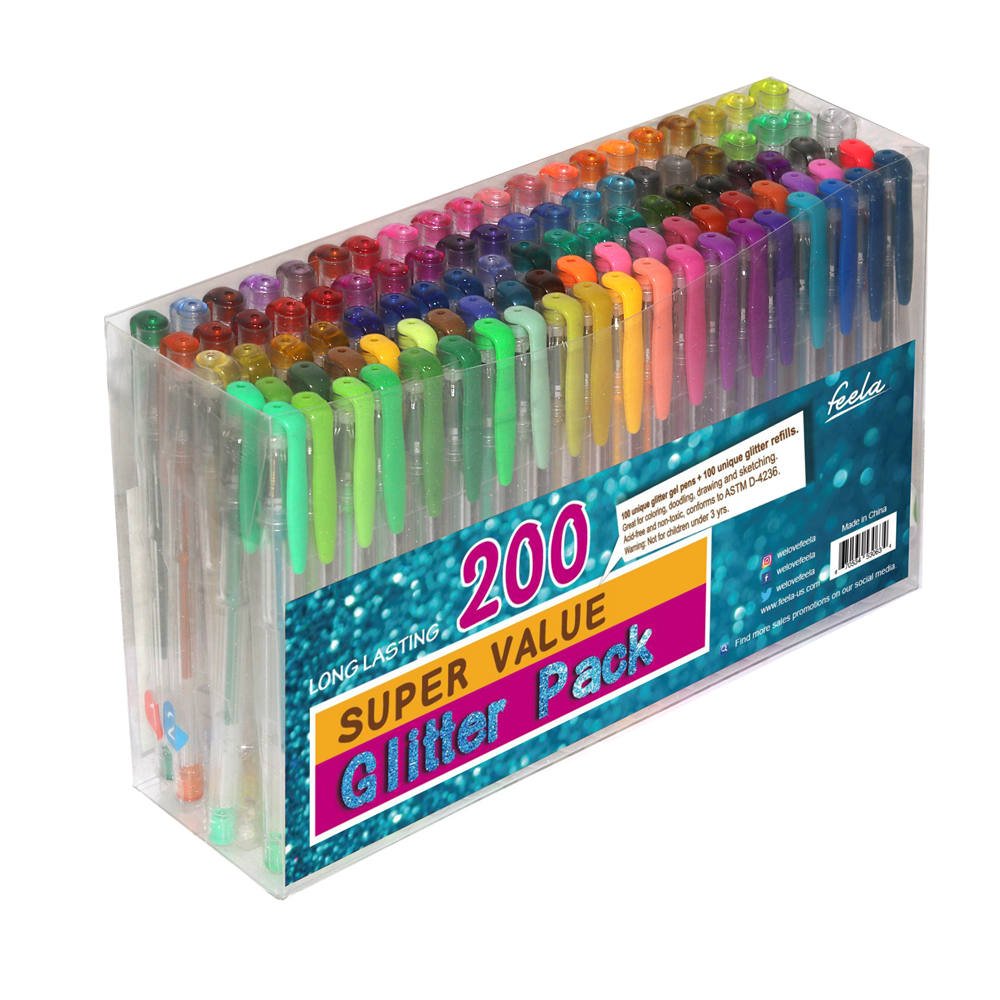 Feela 200 Pack Glitter Gel Pens Set 100 Gel Pen plus 100 Refills for