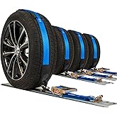 US Cargo Control E Track Wheel Straps with E-Track Fittings & Three Rubber Blocks (4-Pack), 2 Inch x 11 Foot Car Tie Down Straps for Trailers, Fits Tires 14-30 Inches, 12,000 LBS Break Strength