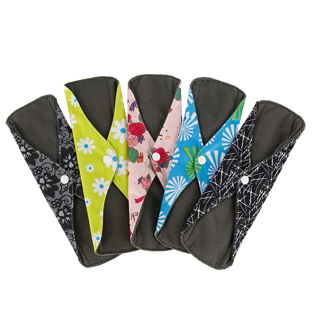 5 Pack Reusable Cloth Sanitary Towels with Bamboo Charcoal ，Washable Waterproof Menstrual Absorbent Pads for Medium,Heavy Flow Night Washable Cloth Menstrual Sanitary Towels