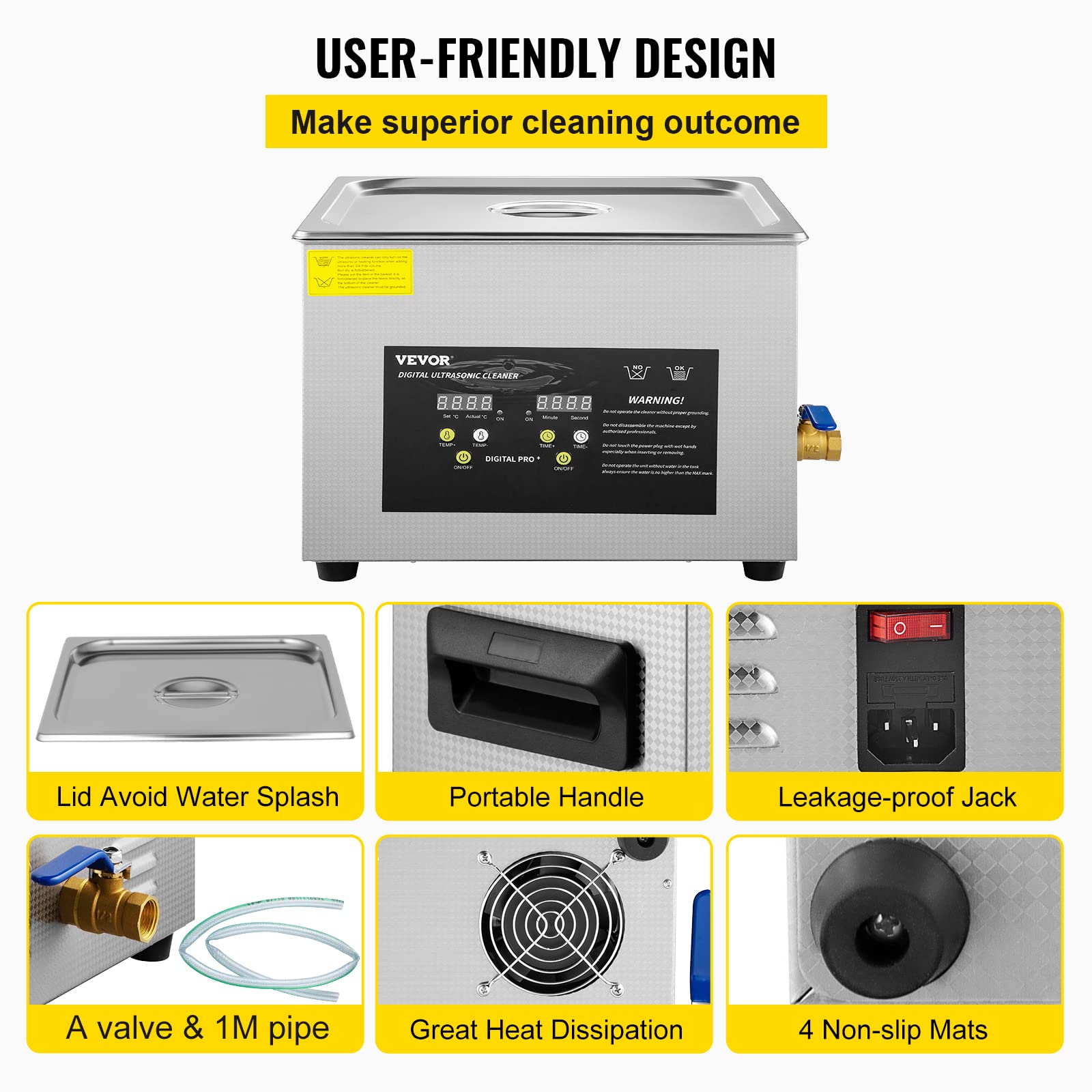 VEVOR 15 L Ultraschallreiniger (600 W Heizung, 360 W Ultraschall) Professioneller digitaler Labor-Ultraschall-Teilereiniger mit Heizungstimer für die Reinigung von Glaszahninstrumenten 6