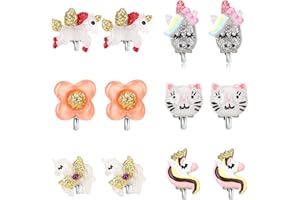 WINGCHOLD Unicorn Clip On Earrings for Little Girls, Bling Flower and Cat Earrings, Toddler Girls Dress Up Jewelry, 6 Pairs, Best Gift-B