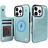 TopPerfekt Wallet Case for iPhone 16 Pro 6.3", Compatible with MagSafe, Dropproof Heavy Duty Tough Rugged Shockproof, Leather Card Holder Kickstand Protective Cover Magnetic Phone Flip Case-Sky Blue