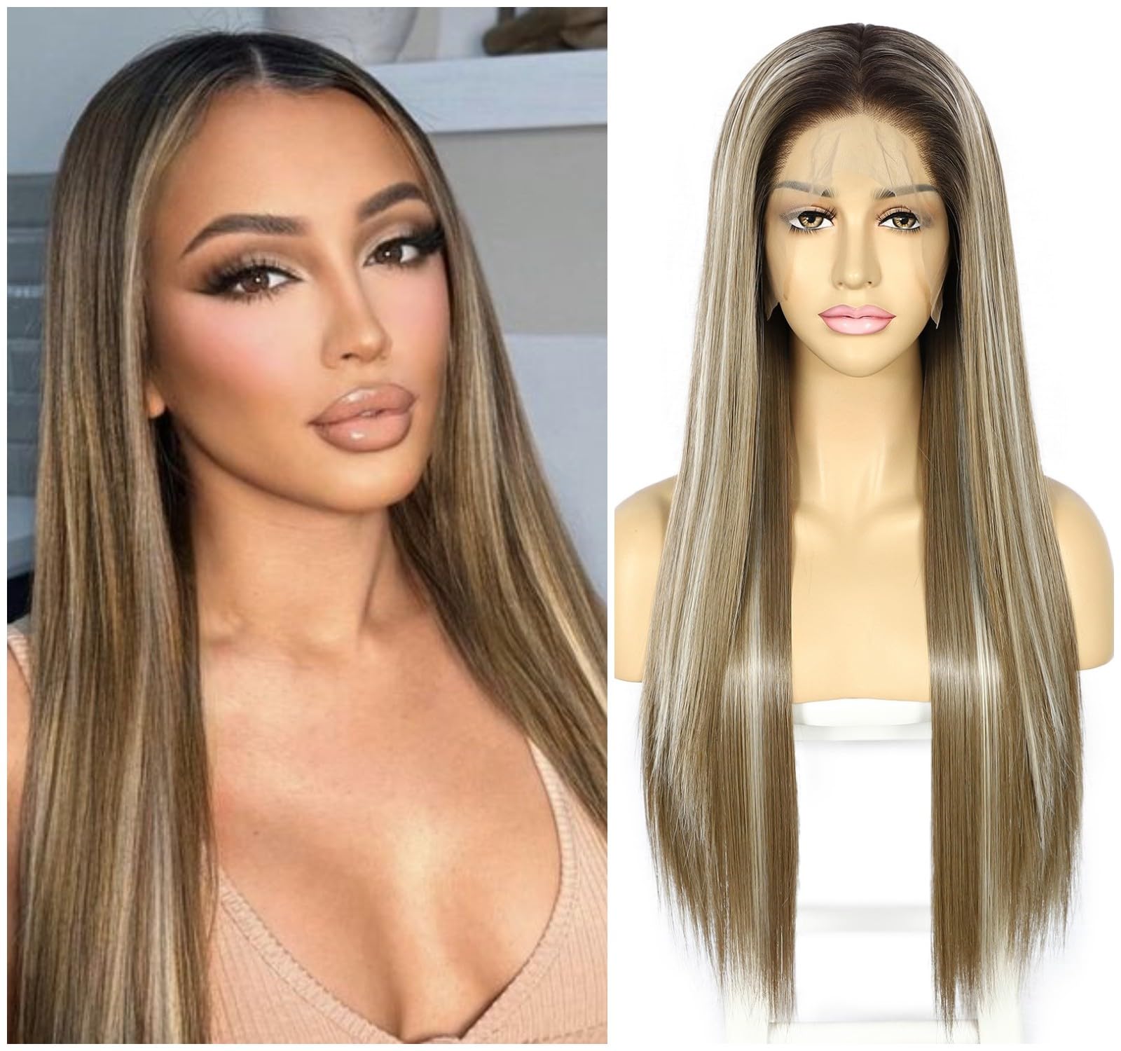 Sapphirewigs 13x6 Straight Lace Front Wigs Brown Long Straight Wig for Women Lace Front Synthetic Hair 150% Density Party Daily Wear Heat Resistant 26inch — image 1