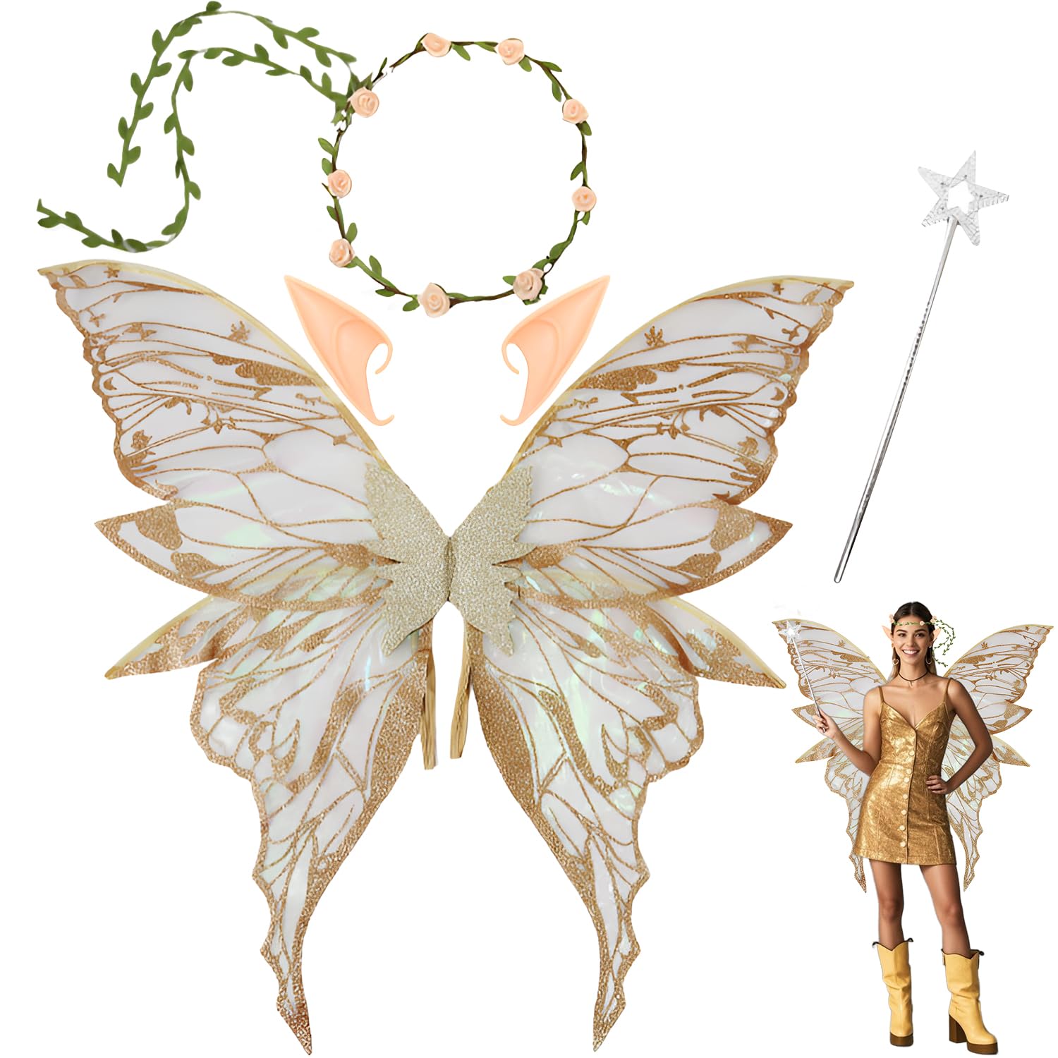 Pipihome Fairy Wings Adult, Fairy Costume Tinkerbell Wings for Adult Kids, Butterfly Wing Dress Up Sparkling Sheer Angel Costume with Elf Flower Headband for Halloween Party