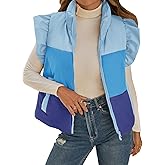 Tankaneo Womens Puffer Vest Ruffle Sleeveless Zip Up Quilted Jacket Color Block Winter Warm Padded Gilet Coats