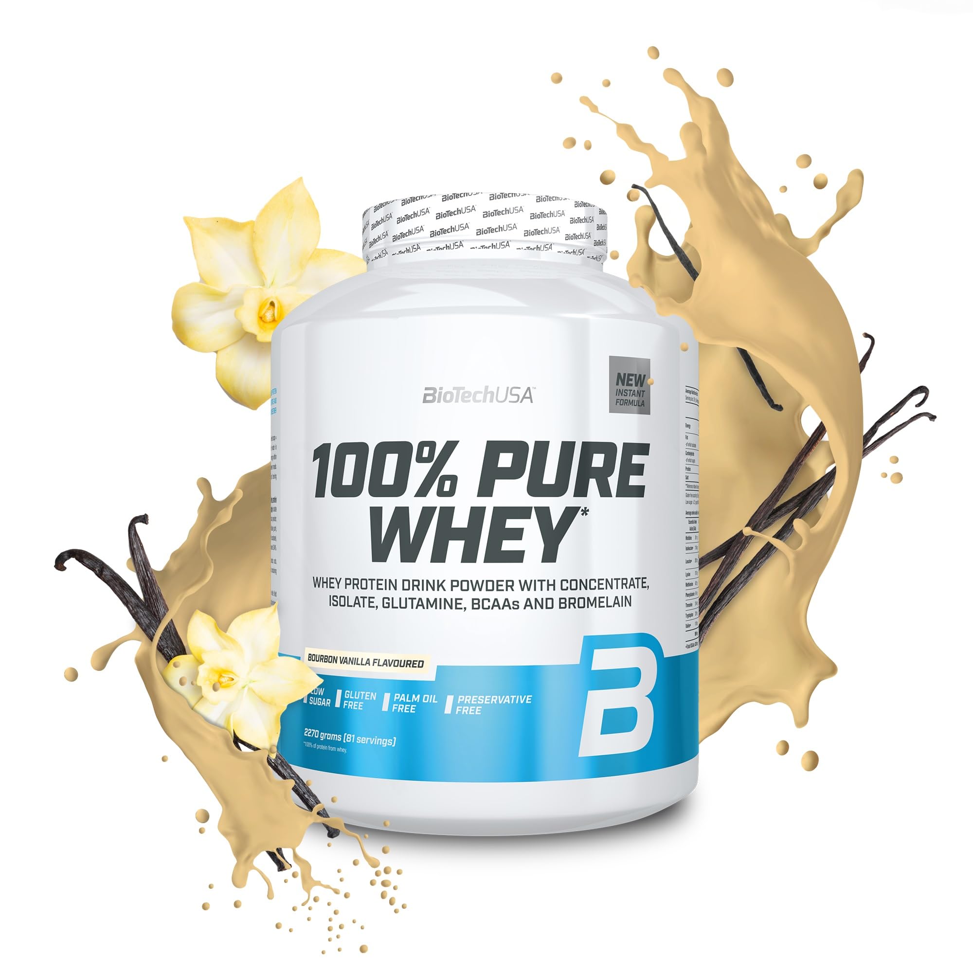 BioTechUSA 100% Pure Whey | Protein Powder with BCAA and Glutamine | Gluten-Free, Palm Oil Free | 21g Protein per Serving, 2.27 kg, Bourbon Vanilla