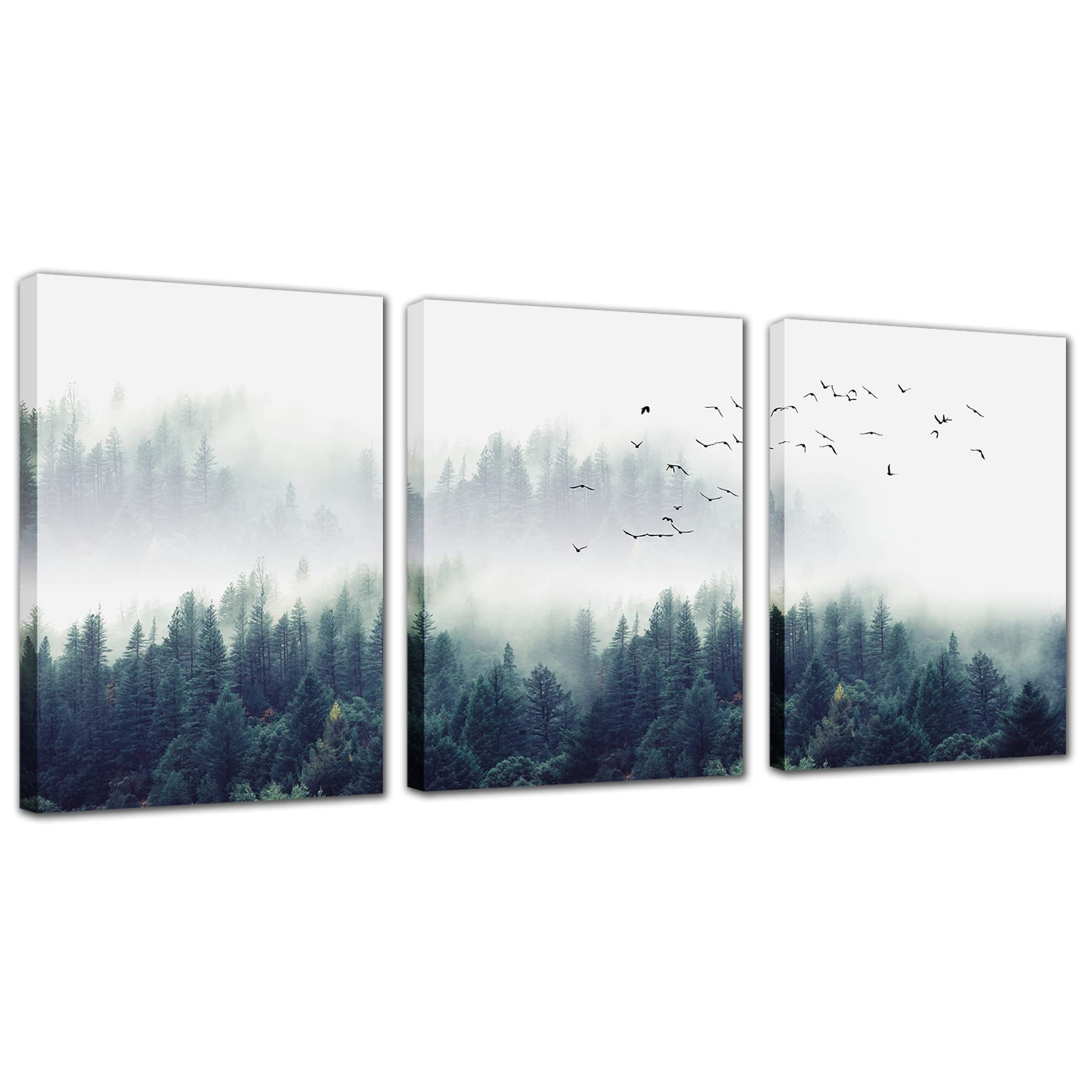 Forest Scenery Canvas Wall Art - High mountain Misty Natural landscape Tree Framed Painting Wall Decoration Picture Print Poster For Home Office Bedroom Living Room Decor 12×16 Inches Ready To Hang