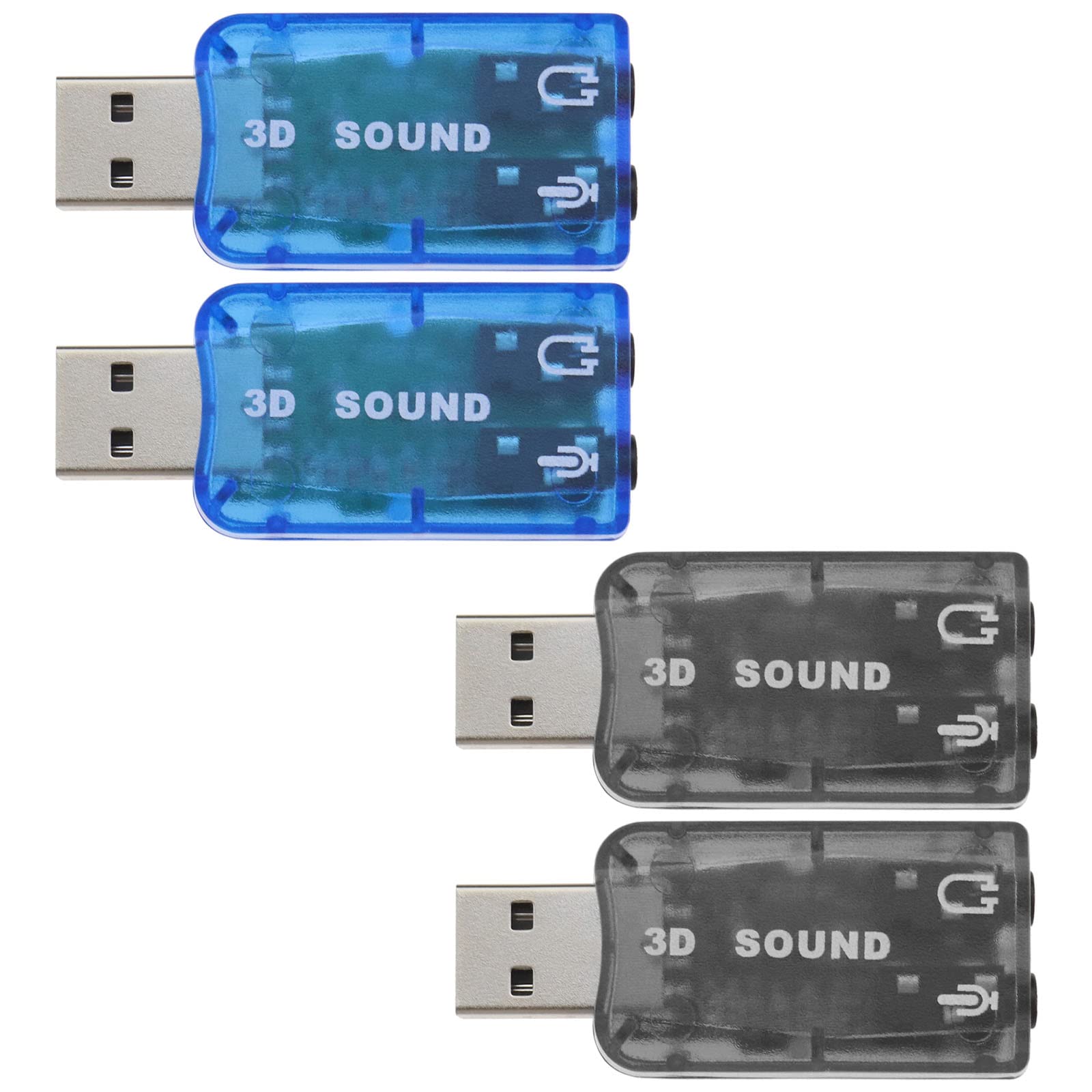 Be In Your Mind 4PCS External 5.1 USB Stereo Sound Card with 3.5mm Headphone and Microphone Ports 3D Virtual 5.1 Channel Audio Adapter Compatible with Windows 2 Black & 2 Blue
