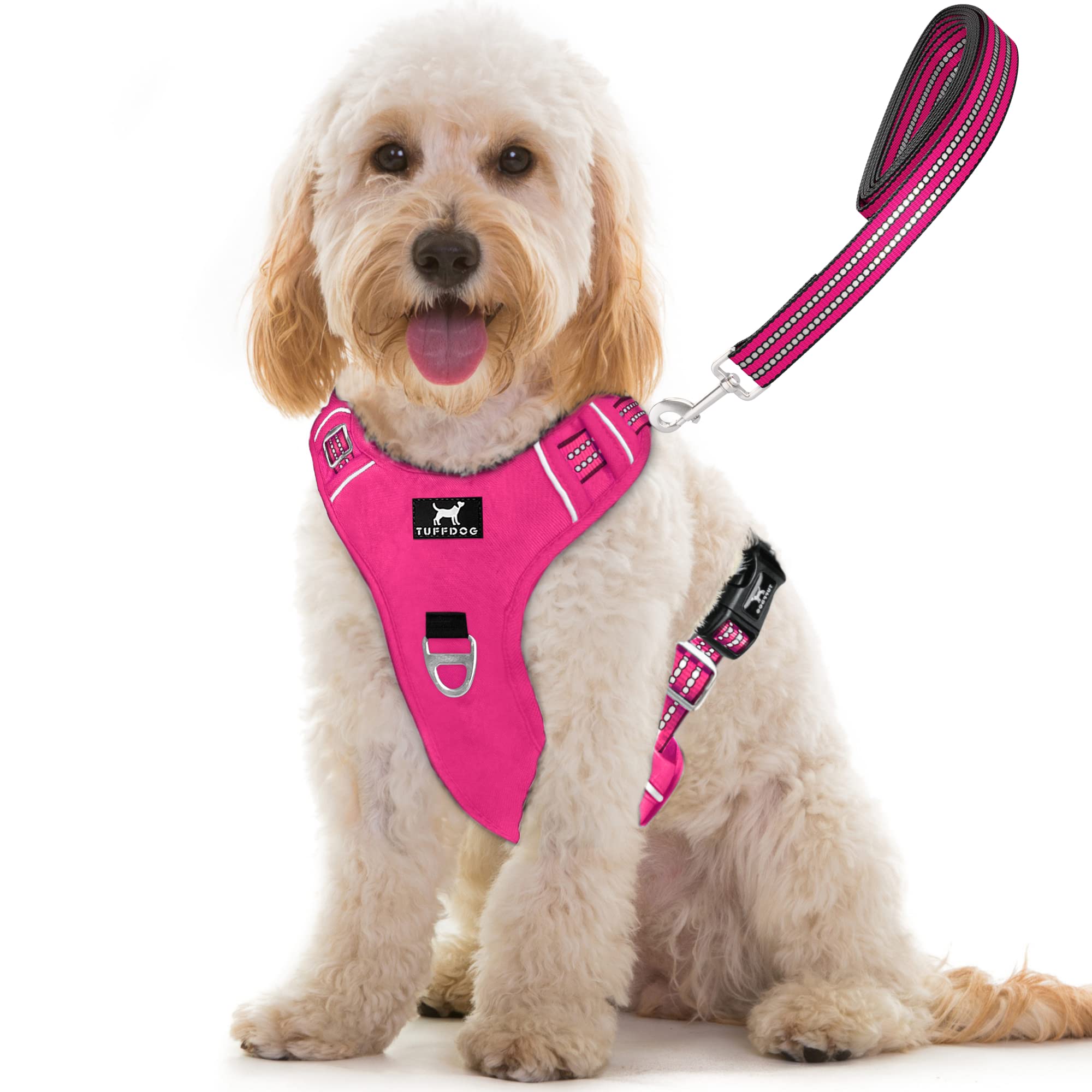 TUFFDOG Easy-Fit Dog Harness Medium - Fast Release Neck Clip, Premium Padded Reflective No Pull Harness with Control Handle, Adjustable Step-in Dog Vest Plus Free Matching Lead (M, Hot Pink)