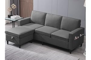 PUREMIND Modular Sectional Sofa Couch for Living Room, 78" 3-Seat Convertible Sofa with Storage Ottoman, Modern Linen Fabric L-Shaped Couch for Small Spaces, Bedroom, Apartment (Dark Gray)