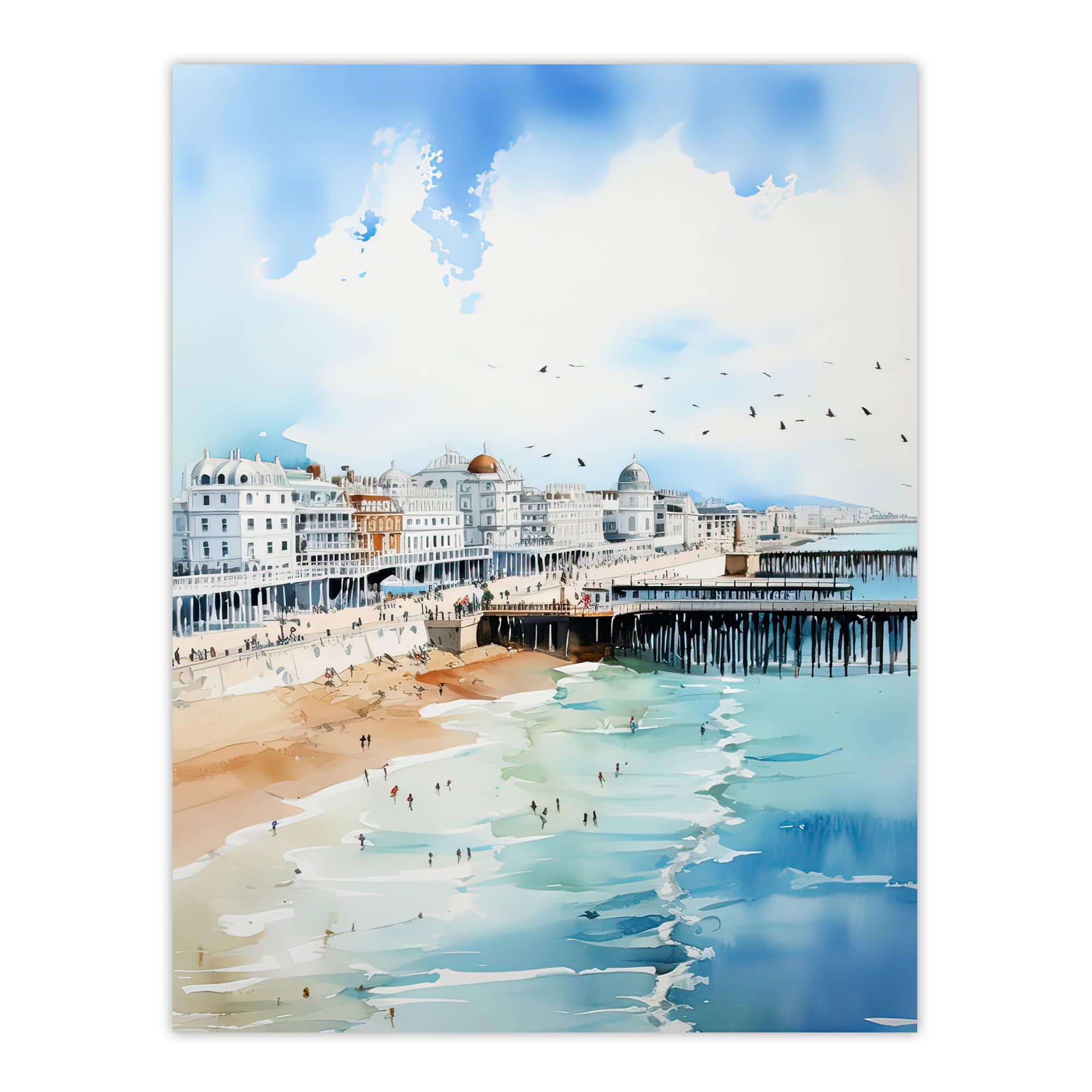 Artery8 Brighton Beach Watercolour Painting Orange Blue Busy Promenade Coastal City Landscape Large Wall Art Poster Print Thick Paper 18X24 Inch