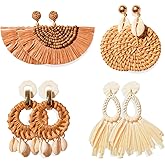Handmade Raffia Rattan Earrings for Women. 4 Pairs of Bohemian Round Drop Dangle, Boho Statement with Cute Fun Hoops. Boho Jewelry with Trendy Styles, Cute Designs.Rattan and Woven for a Boho Vibe.