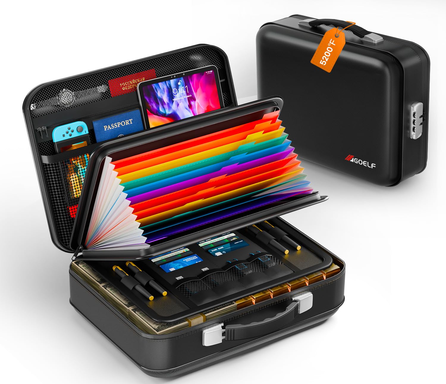 GOELF Fireproof Document Box with Lock, 5200°F Fireproof Water Resistant Hard Case File Organizer Safe Box for Important Documents, Certificates, Laptop, Passports (Black)