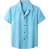 Aimehonpe Boys Button Down Cuban Collar Shirt Chambray Short Sleeve Casual Hawaiian Shirt Vintage Fashion Clothes with Pocket