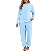 PrinStory Fluffy Pajamas for Women Winter Soft Fleece Warm Pajama Set Fuzzy Pjs Flannel 2 Piece Lounge Sets with Pockets