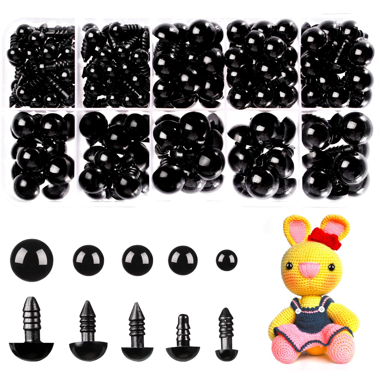 MUCUNNIA Safety Eyes 400pcs 6-12mm Plastic Black Safety Eyes for Crochet Toys with Washers Crochet Eyes for Amigurumi, Stuffed Toy and Plush Stuffed Animals