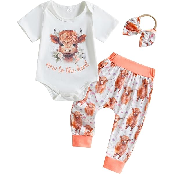 Nouveauté Cowgirl Bébé - Combinaison Vache Highland Rétro + Bandeau - Barboteuse Automne Hiver 0-18 Mois