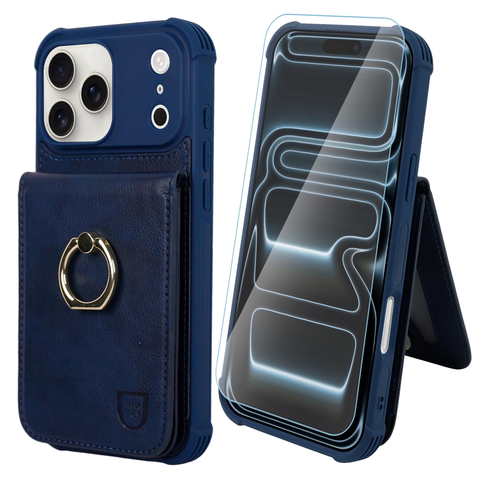 Photo 1 of VANAVAGY Compatible for iPhone 17 Pro Max Wallet Case with RFID Blocking Card Holder, [Screen Protector] PU Leather Shockproof Case Magnetic Clasp Ring Kickstand Flip Cover for Women Men,Navy Blue