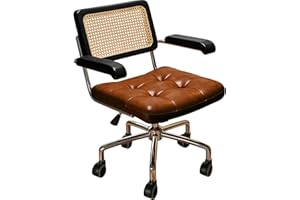 Modern Home Office Chair, Leather Upholstered Desk Chair with Rattan Back Wood Armrest Swivel Wheels, Spinning Computer Chair