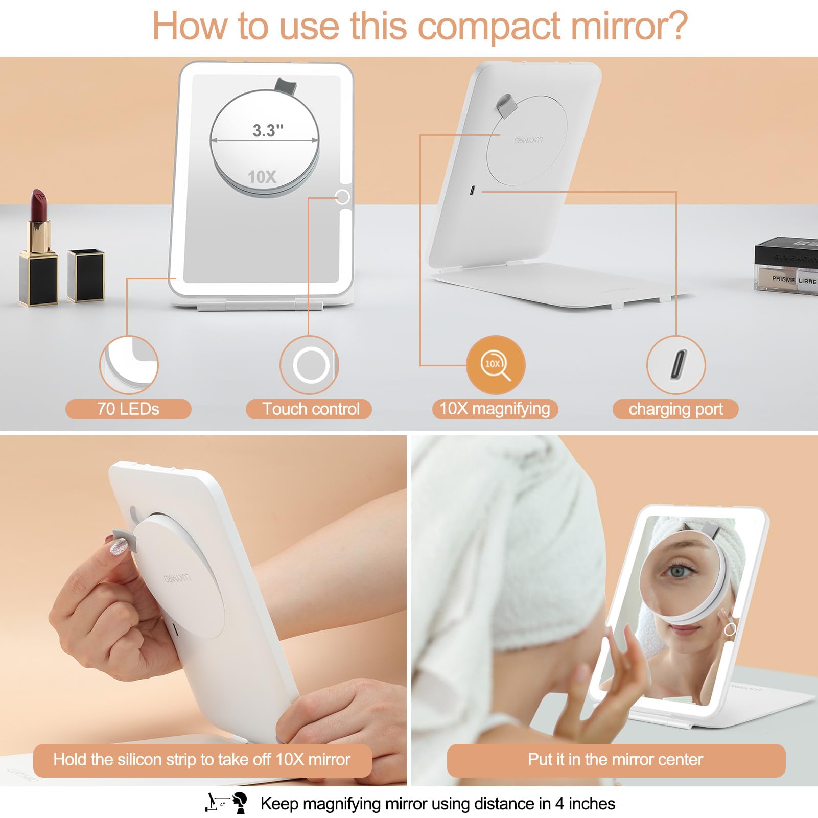 Rechargeable Travel Makeup Mirror with Lights and10x Magnification, 70 LEDs 3 Color Lights, Desk Foldable Beauty Mirror, Portable Lighted Mirror with Carrying Case