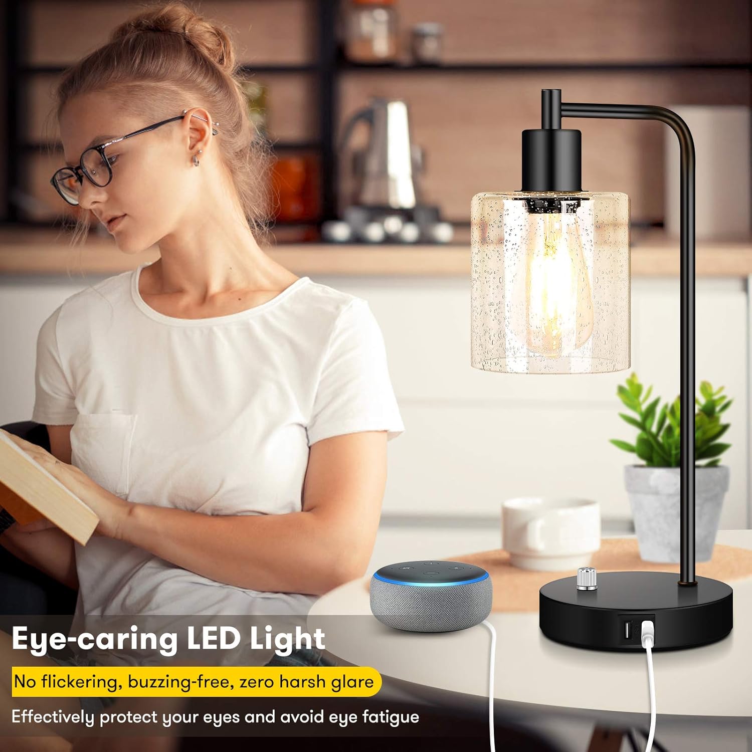 Set of 2 Fully Stepless Dimmable Industrial Table Lamps with 2 USB Ports & AC Outlet, Bedside Nightstand Desk Lamps with Seeded Glass Shades for Bedroom Dorm Living Room, 2 7W 2700K LED Bulbs Included - - 
