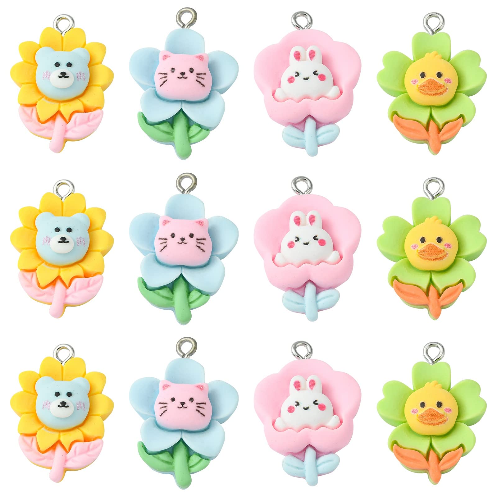 Stiesy 40Pcs 4 Styles Resin Animal Flower Charms Cute Animal Head Charm Cartoon Cat Bear Duck Rabbit Charms for DIY Crafts Bracelet Jewelry Making