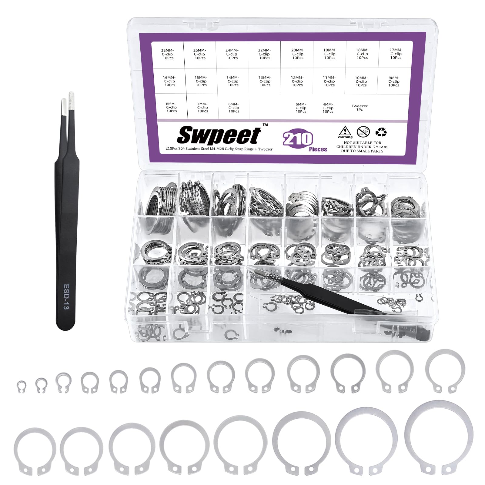Swpeet 211Pcs 21 Sizes M4-M28mm Stainless Steel C-Clips External Circlip Snap Retaining Clip Rings with Tweezers Assortment Kit, Circlip Retainer Rings Set for Axles, Shafts and Other Moving Parts