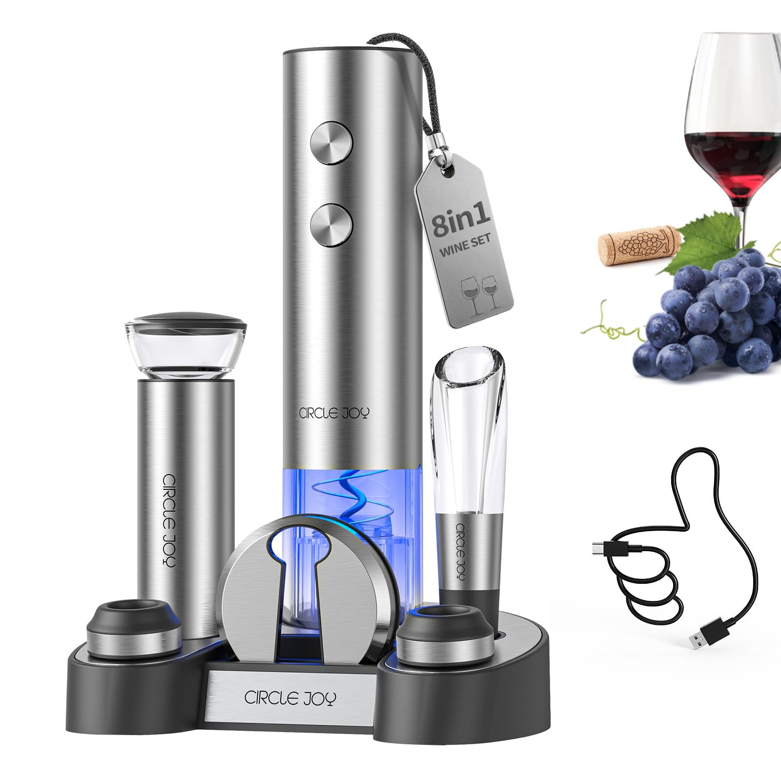 CIRCLE JOY Electric Wine Bottle Opener Set Stainless Steel Rechargeable Wine Opener 8-in-1 Wine Gift Set with Charging base, Foil Cutter, Wine Aerator Pourer, Vacuum Pump & 2 Wine Stoppers Image