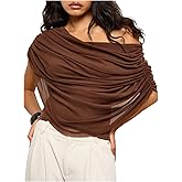 Milumia Women's Off The Shoulder Ruched Mesh Top Draped Asymmetrical Short Sleeve T Shirts