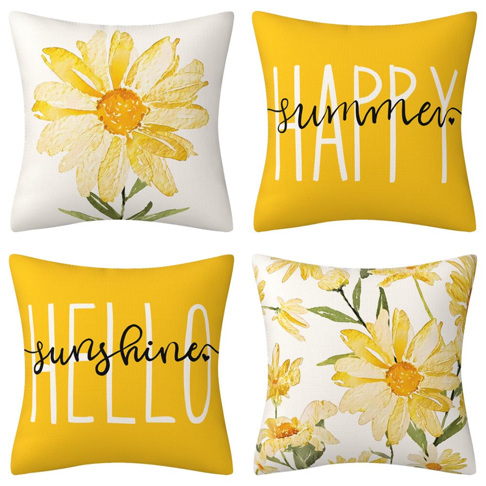 BCKAKQA Cushion Covers 45cm x 45cm Set of 4 Yellow Floral Throw Pillow Covers 18x18 Inch Linen Square Happy Summer Hello Sunshine Decorative Throw Pillow Cases for Sofa Bedroom Living Room Decor — image 1