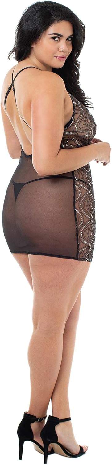 Dreamgirl Women's Plus Size Mesh Geometric sequin and Embroidery Chemise: Clothing