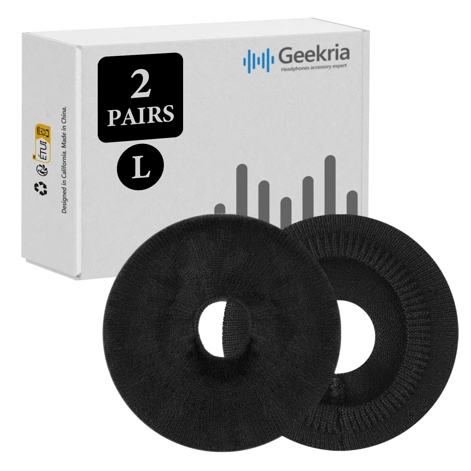 Geekria 2 Pairs Knit Headphones Ear Covers - Product Safety Certified - Washable & Stretchable Sanitary Protectors for Over-Ear Headsets, Sweat Pads for Gym, Gaming (Size L/Black)