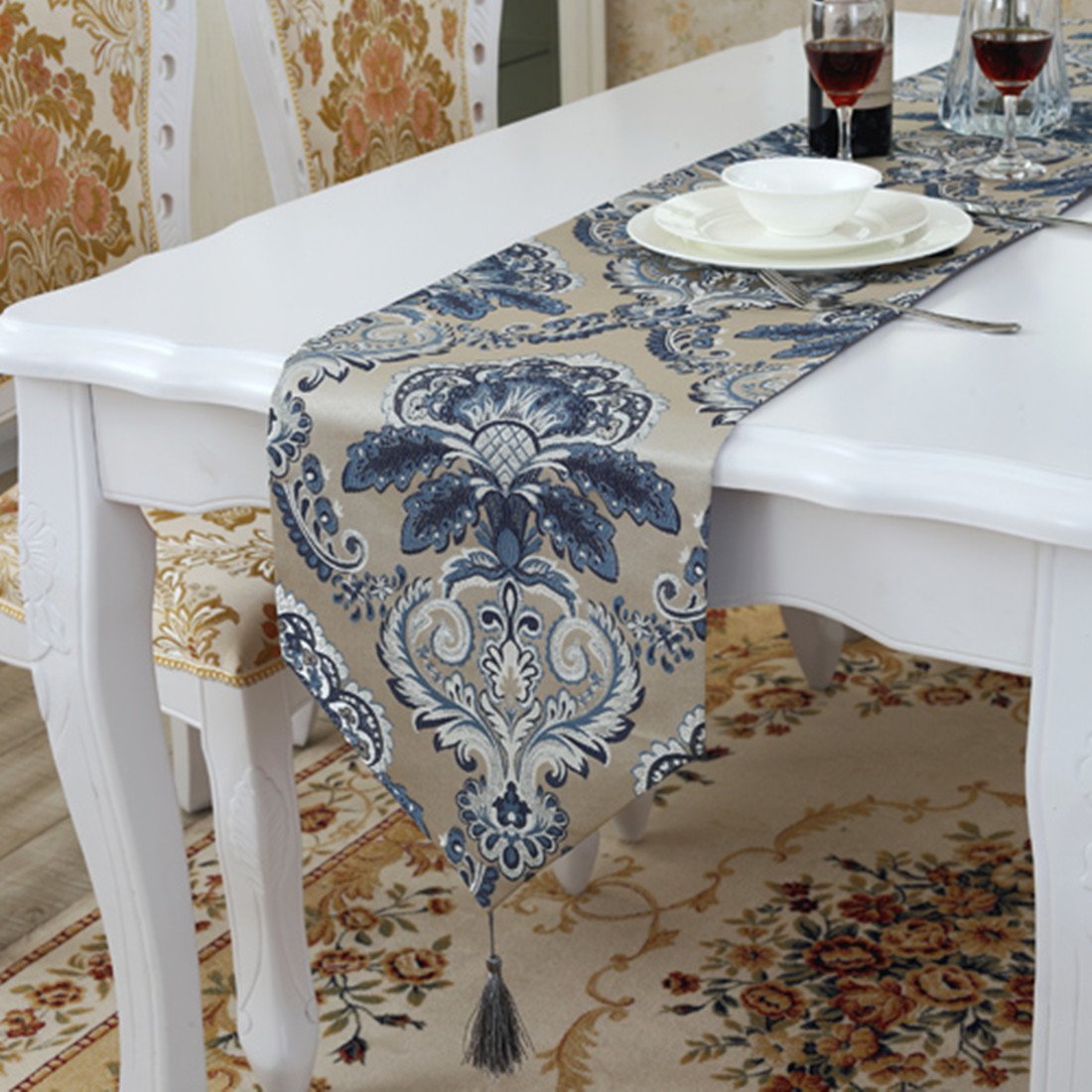 Modern Unique Satin Gold Trim Design Blue Table Runner 72 inch Approx