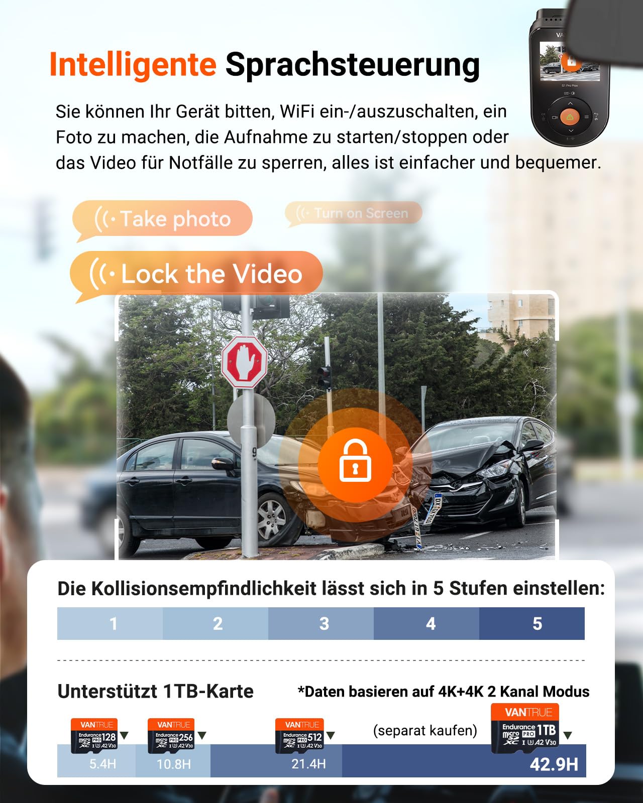 VANTRUE S1 PRO MAX 4K+4K Dashcam Auto Dual STARVIS 2 IMX678 HDR Nachtsicht Dash Cam Vorne Hinten, 5,8GHz WLAN GPS, 15S Puffer Parkmodus, DSGVO-konform, AI Auto Kamera ADAS BSD, Sprachbefehl, 1TB Max 8