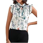 BEAUDRM Women's Work Office Blouse Elegant Bow Tie Neck Ruffle Trim Vintage Blouse Business Casual Shirt Top