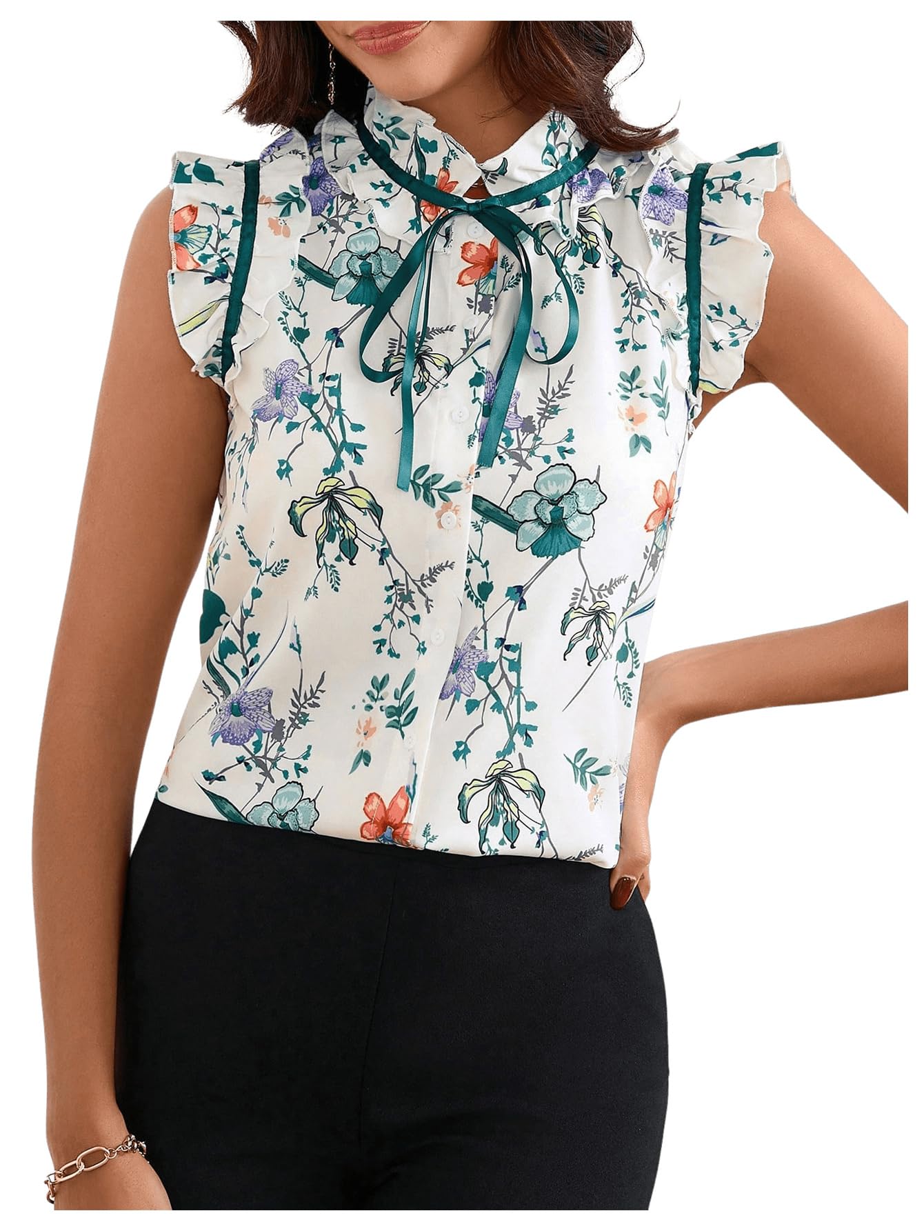 Photo 1 of BEAUDRM Women's Elegant Bow Front Ruffle Trim Mock Neck Flounce Cap Sleeve Button Front Regular Fit Blouse Shirt Top Multicolor X-Large