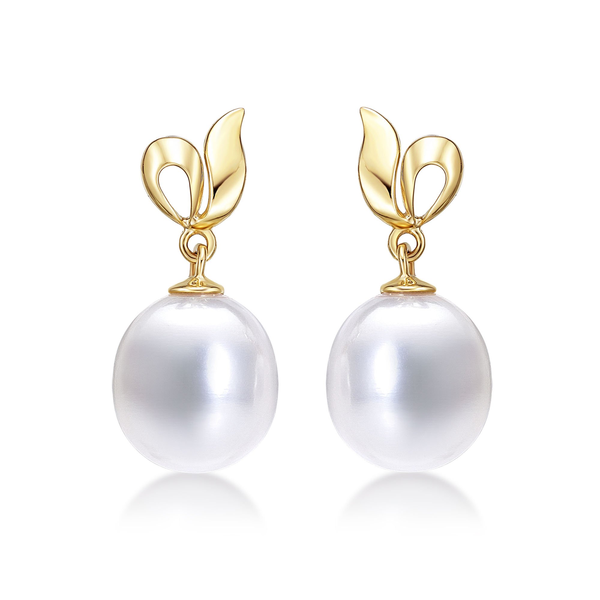 Glamorous Pearl Drop Earrings with Rich White Freshwater Drop Pearls set in Stunning 9K Yellow Gold. These Dangling Gold Pearl Earrings are a Lovely Gift for Women.